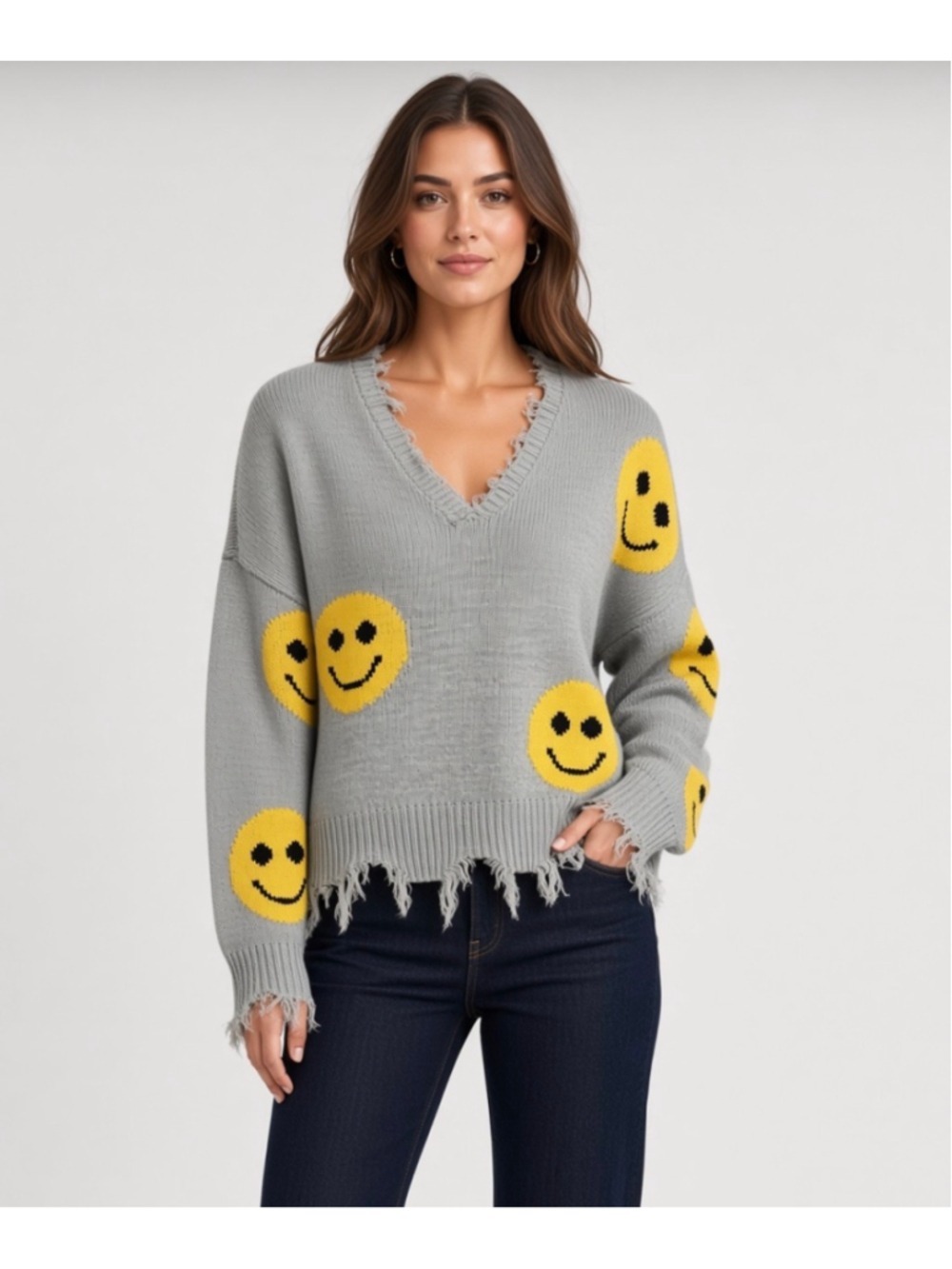 No Comment Gray Smiley Face Distressed V-Neck Oversized Sweater Pullover XL